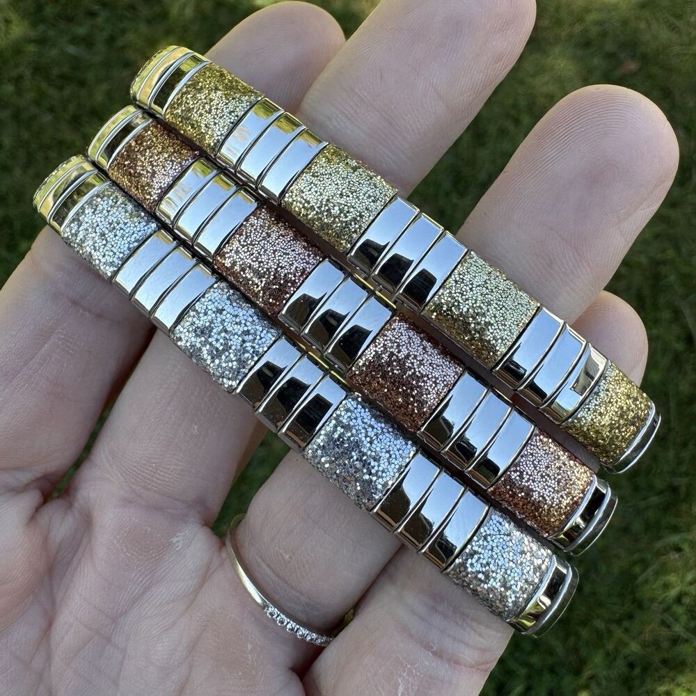 Lot Of 3 MILOR Glitter Link Stretch Bracelets Stainless Steel Silver Rose Gold